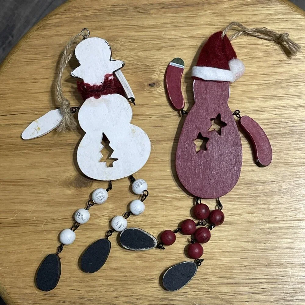 Christmas Ornament‎ Santa with Hat And Snowman Beaded Legs Set Of 2 Wooden